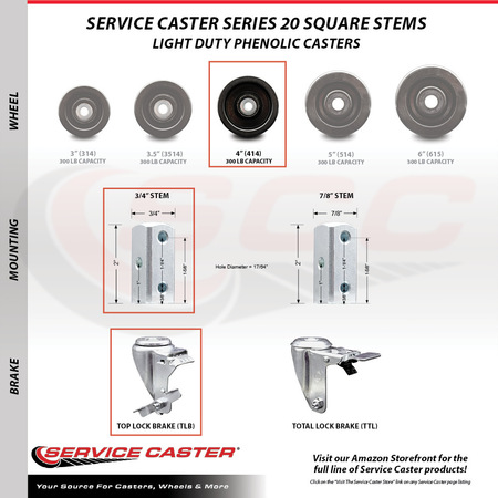 Service Caster 4 Inch Phenolic Wheel Swivel 3/4 Inch Square Stem Caster Set with Brake SCC SCC-SQ20S414-PHS-TLB-34-4
